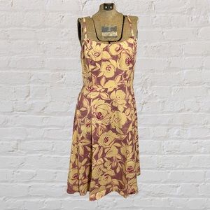 VINTAGE Y2K Liz Claiborne Yellow Purple Floral Silk Cotton Blend A-Line Dress